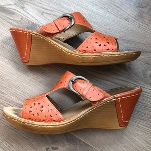 Orange leather wedge sandals